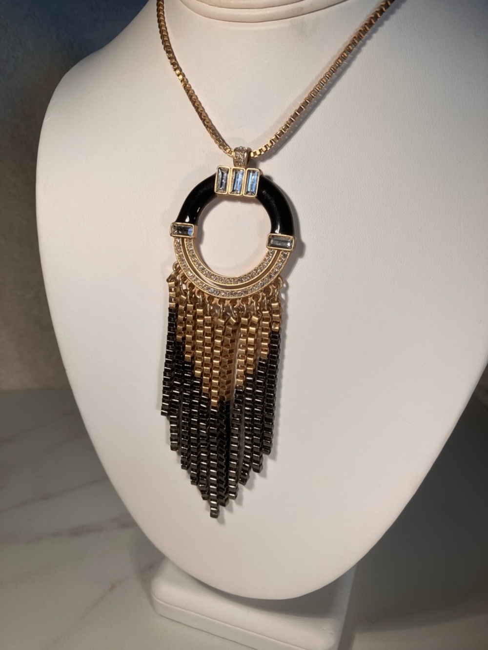 Two tone gold & black Fringe Pendant Necklace Art Deco